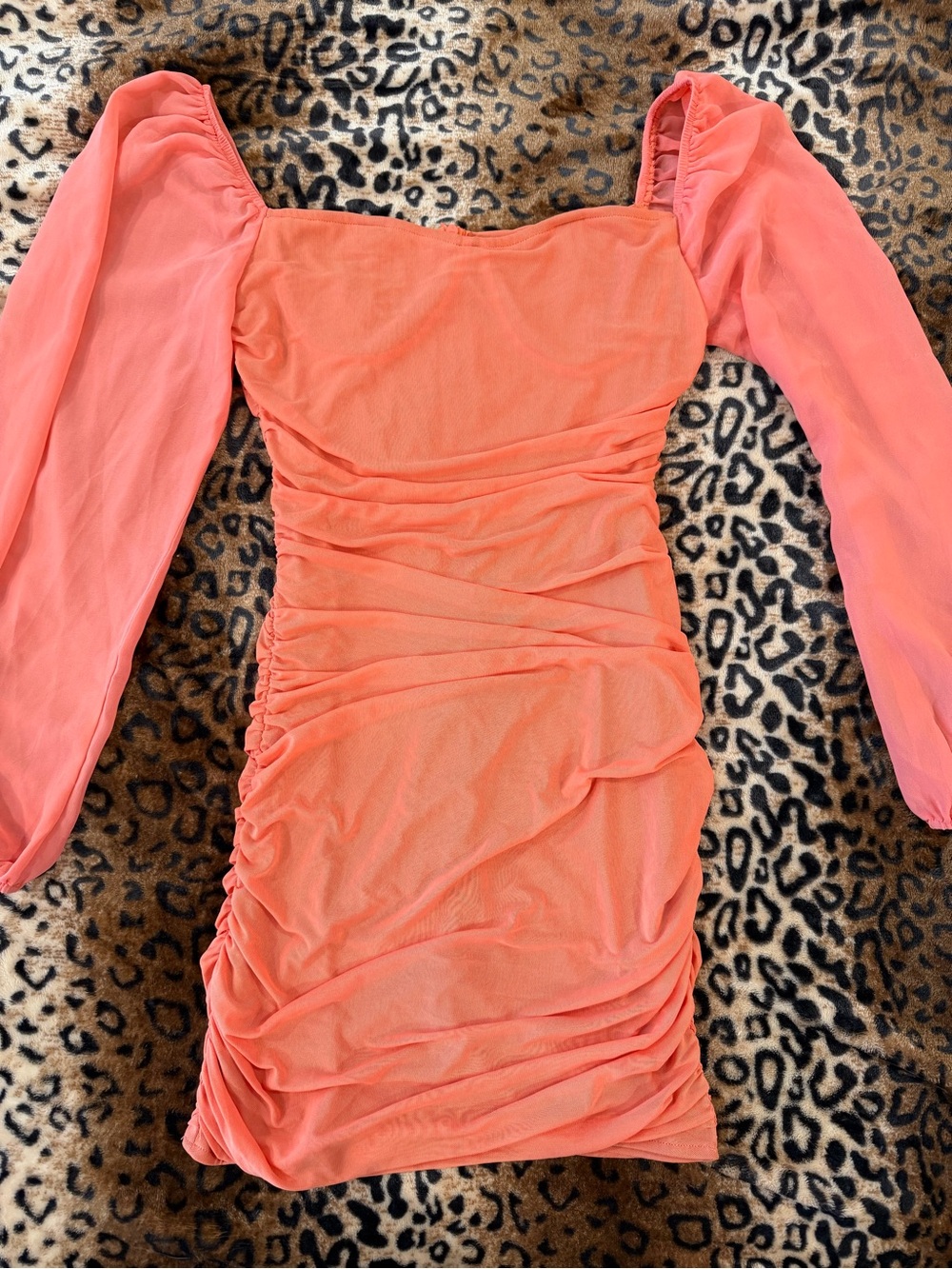Ruched Coral Long-Sleeve Mini Dress
